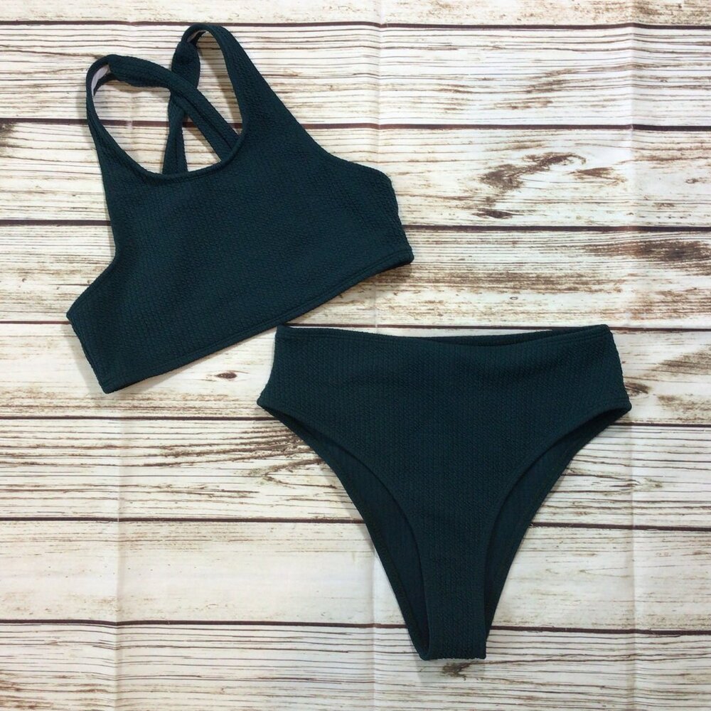 Hunter Green Textured High Waist Cheeky Racer Back Top 2 Piece Swim Suit